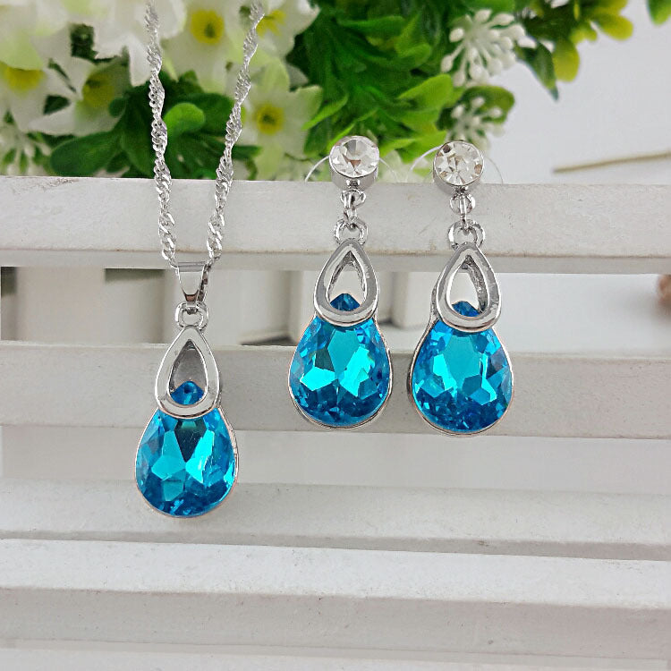 2015 fashion wedding bridal jewelry sets austrian crystal rhinestones queen water drop pendant necklace earrings set For Women