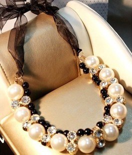 2015 ribbon lace-up Double row pearl set auger Korean jewelry adjustableJewelry fashion necklace geometry modeling metal Chain
