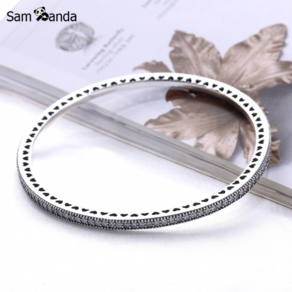 2020 Authentic 925 Sterling Silver Twinkling Forever Bangle Clear CZ Hinged Clasp Bangles & Bracelets Pan Women Jewelry Pulseira