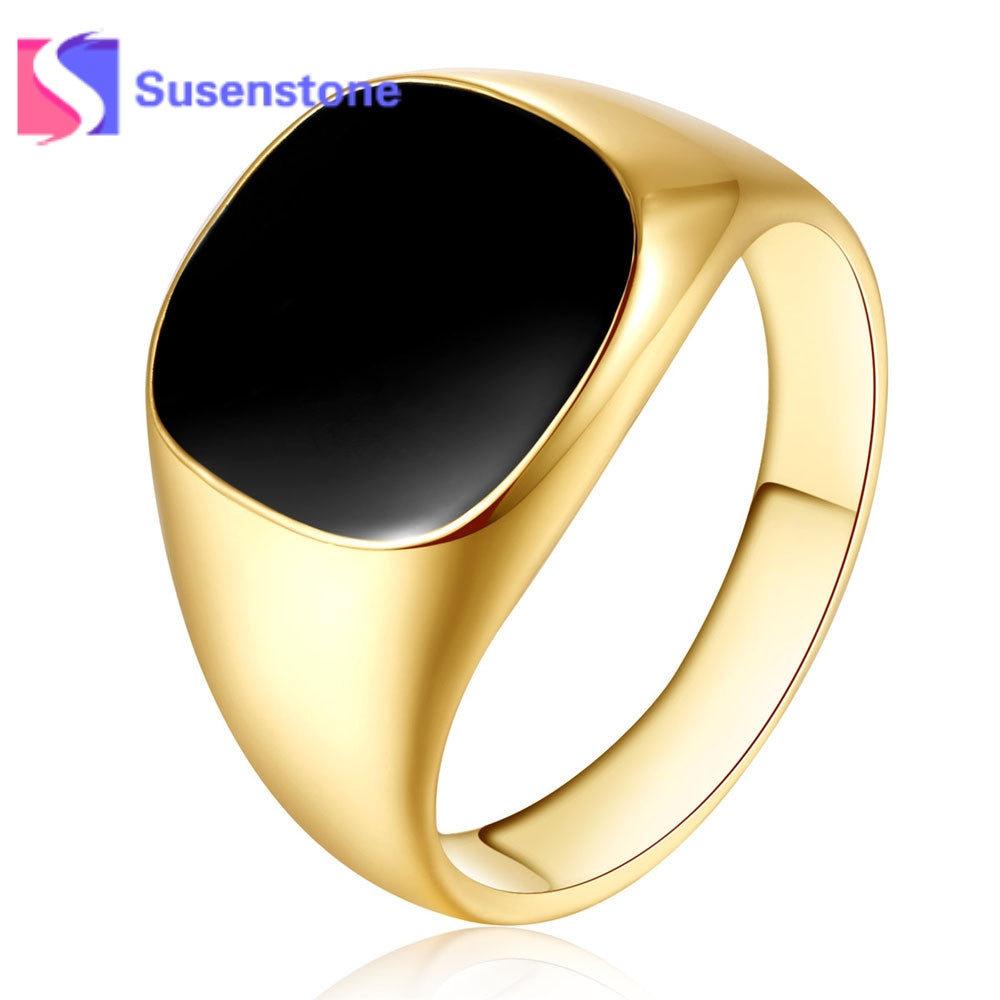2020 Brand Design Smooth Mens Boys Black Gold Silver Tone Stainless Steel Signet Rings Black CZ Wholesale Jewelry US Size 7-12