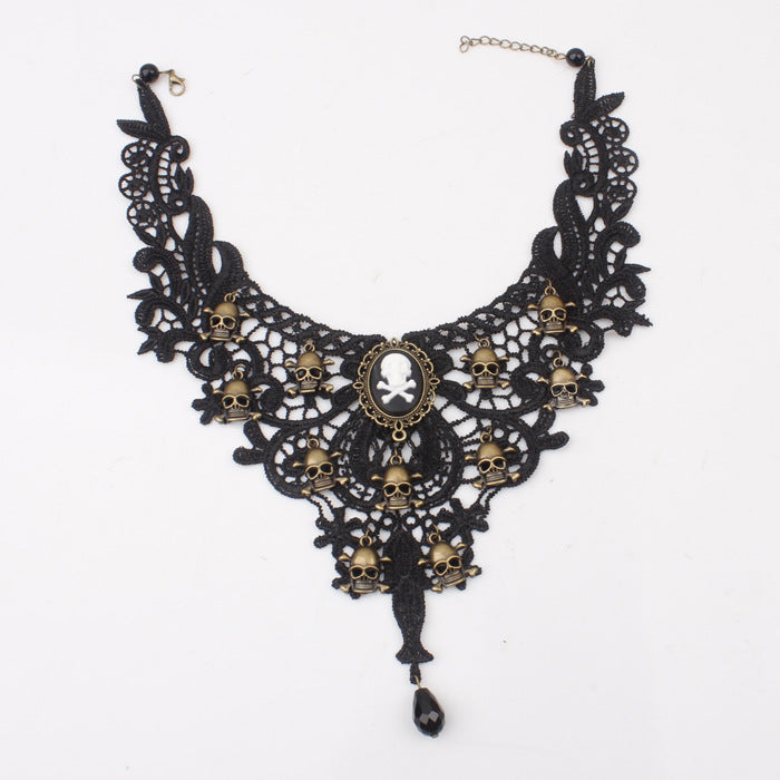 2020 Exaggerated Halloween Series Retro Gothic Black Lace Lady jewelry Skull Head Clavicle choker Necklace