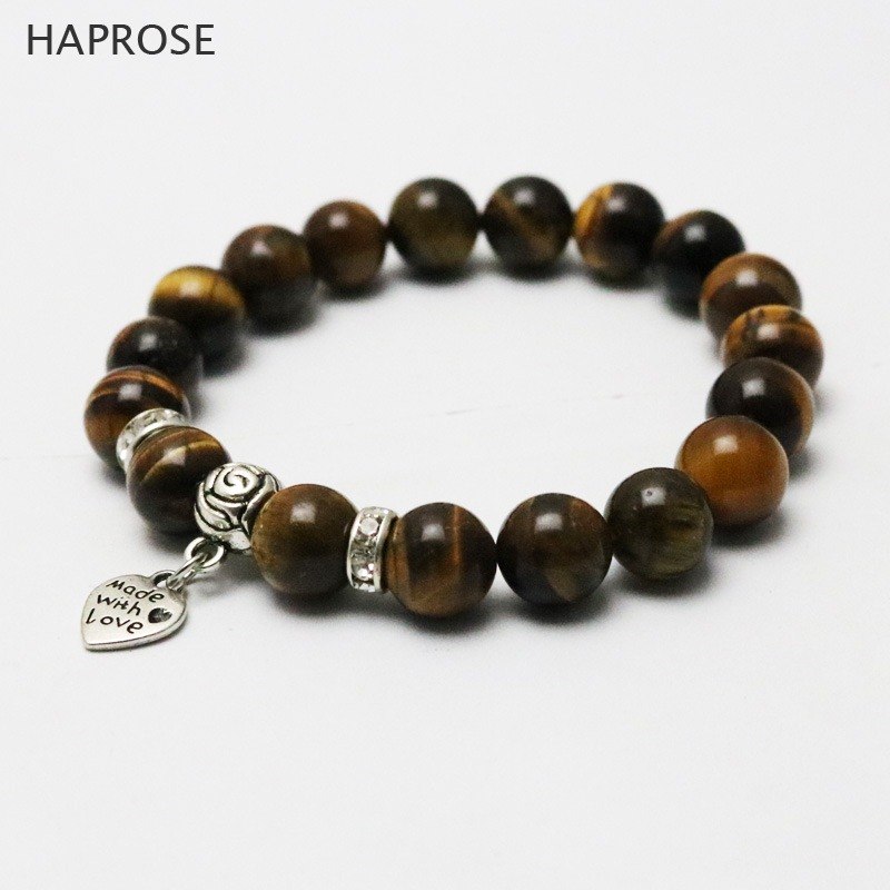 2020 Fashion Natural Stone Yellow Bracelets 10mm For Women Men Tiger eye stone Agates Beaded Bracelet Love pendant gift