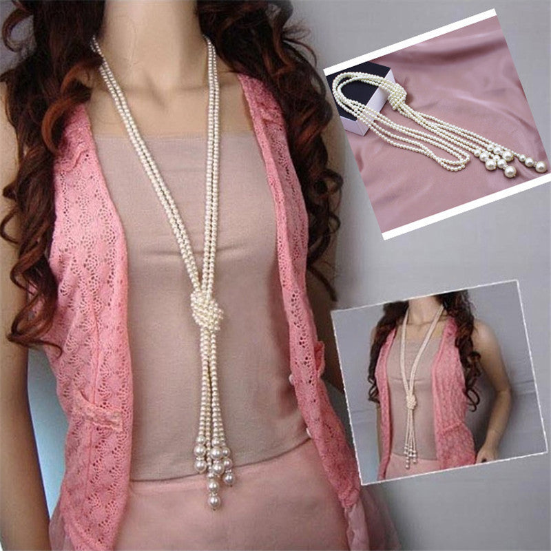 2020 Fashion Womens Vintage Jewelry 125cm Long Knotted Simulated Pearl Necklace Beads Sweater Chain Necklaces Pendants Wholesale