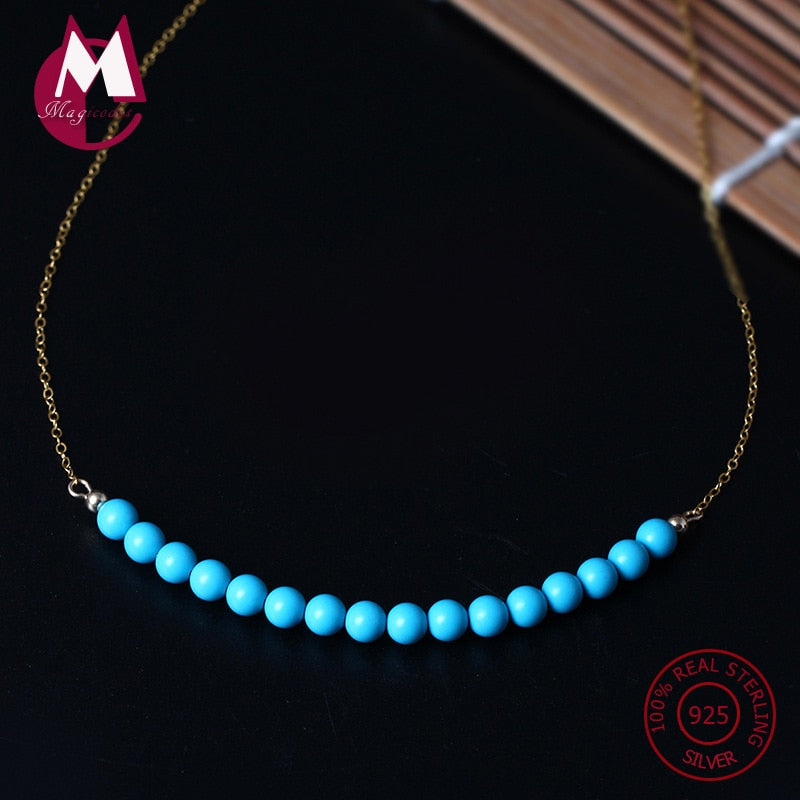 2020 NEW 925 Sterling Silver Necklaces & Pendant For Women Natural Stone Turquoise Necklace Pattern Beaded Fine Jewelry YN37