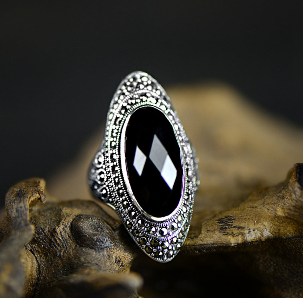 2020 NEW Luxury Vintage 925 Sterling Silver Genuine Black Agate Marcasite Ring