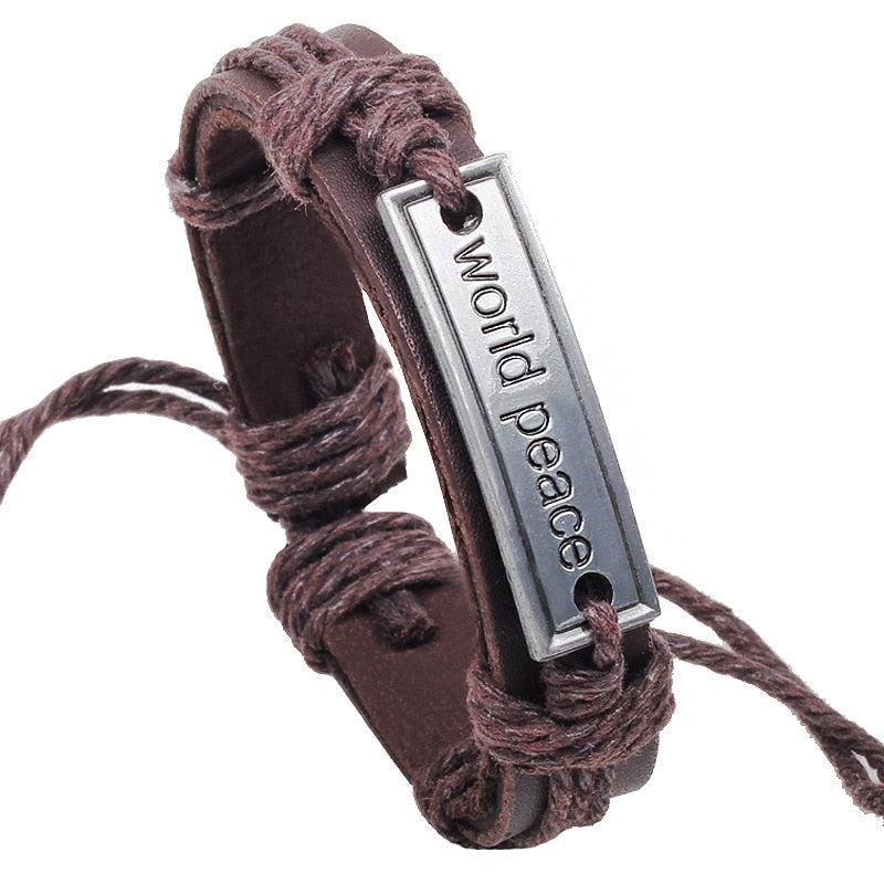 2020 New Arrival Genuine Leather Bracelets For Women Men World Peace Letters Bracelets & Bangles Fashion Fine Jewelry