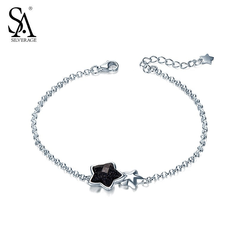 2020 New Design SILVERAGE Real 925 Sterling Silver Star Bracelet bracelets for women Black Gemstone Aventurine Fine Jewelry gift