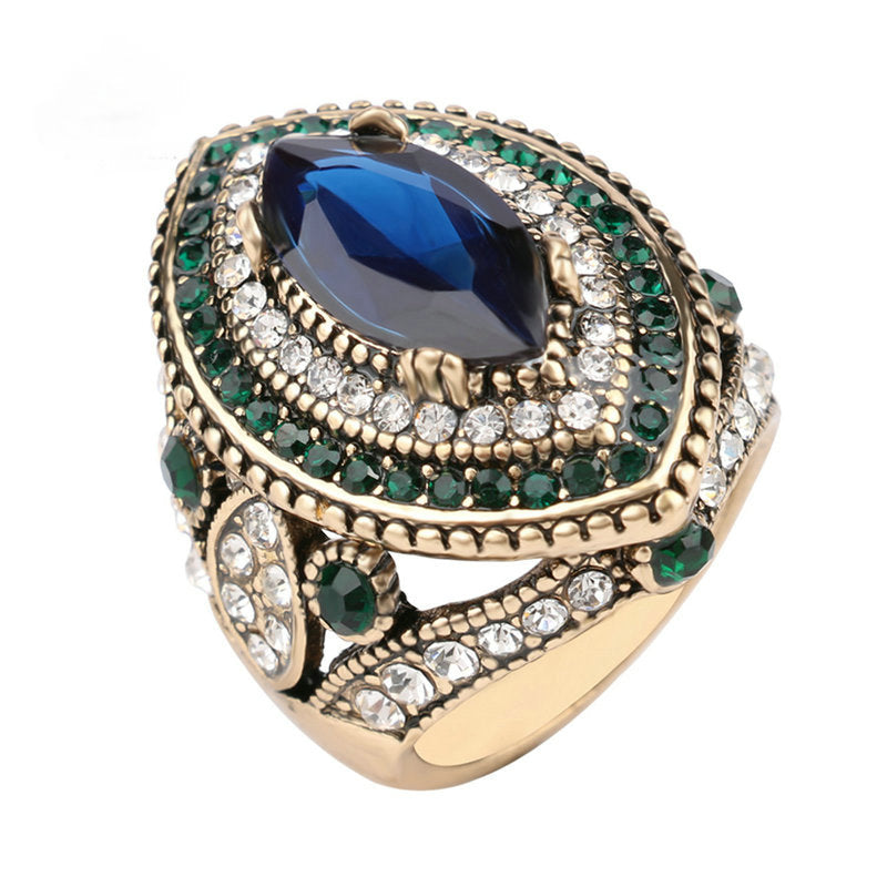 2020 New Design Statement Turkey Jewelry Vintage Wedding Rings For Women Gold Color Mosaic Big Blue Crystal Rings