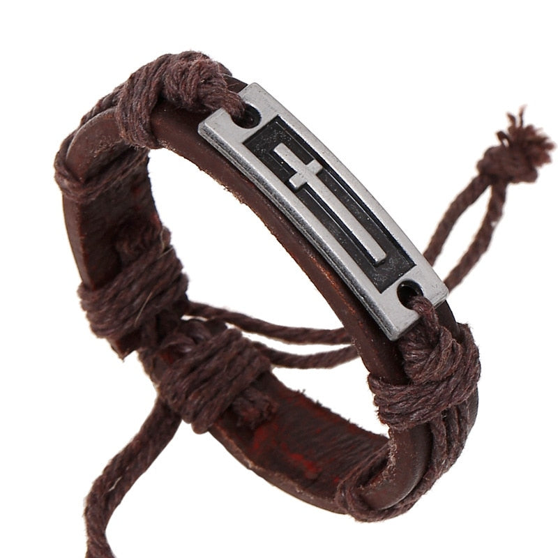 2020 New Fashion Vintage Brown Cow Leather Bracelets & Bangles Metal Cross Charm Adjustable Wax Cord