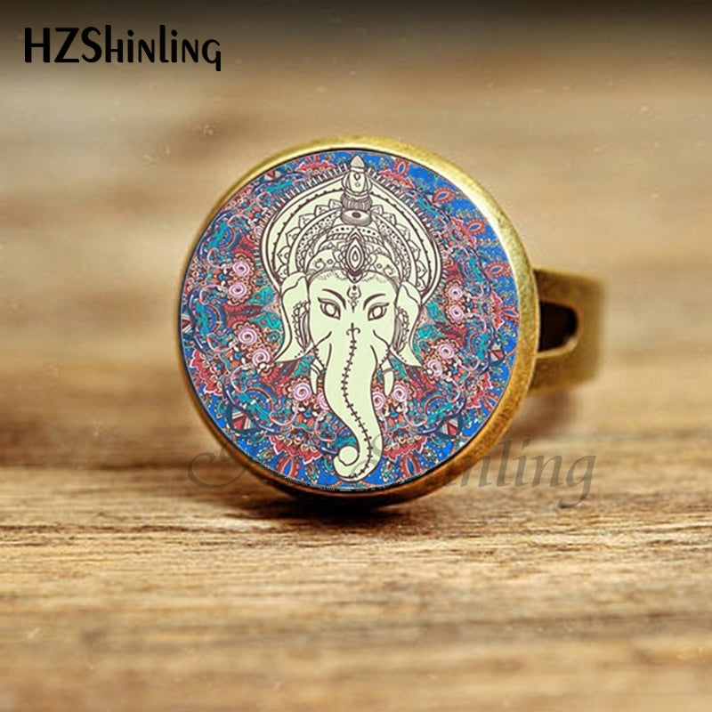 2020 New Glass Dome Elephant Ganesha Rings Handmade Round Mandala Ring Art Photo Jewelry Adjustable Ring Wholesale