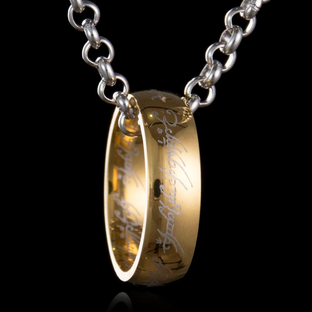 New Hobbit Letter Lord of One Rings For Men Black Gold Silver Titanium 316L Stainless Steel Ring Movie Pendant Chain 3Color