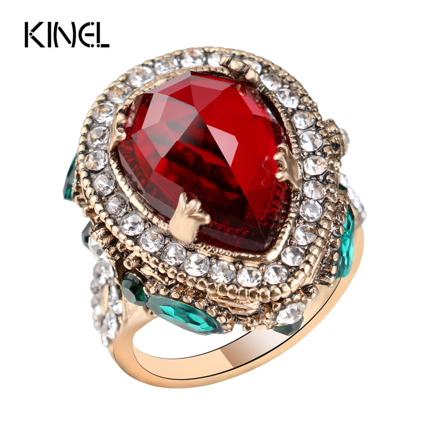 2020 New Luxury Vintage Wedding Rings For Women Red Crystal Color Antique Gold Punk Party Cocktail Ring Turkish Jewelery