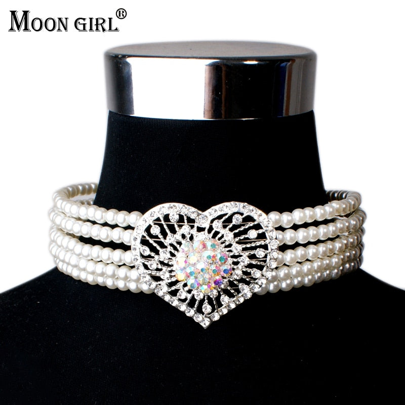 2020 New Simulated Pearls Choker Necklace Trendy Rhinestone Heart Statement Necklace for women Fashion Jewelry