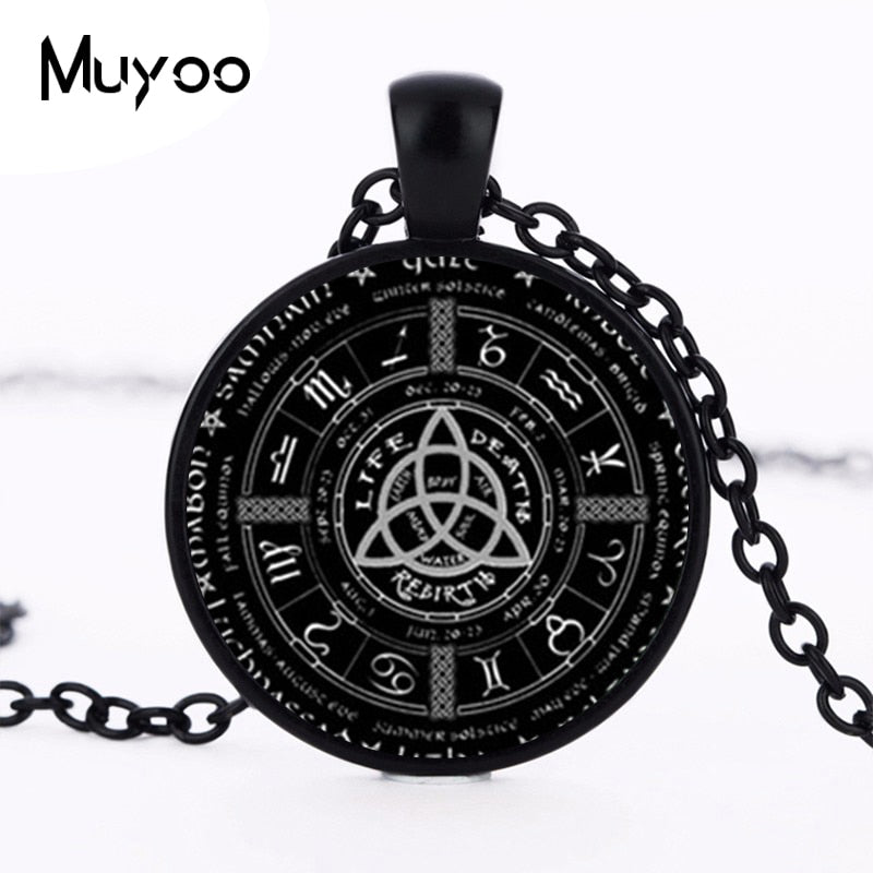 2017 Pagan Wheel Of The Year Necklaces Pentagram Pendant Round Photo Wiccan Jewelry Glass Cabochon Necklace Link Chain HZ1