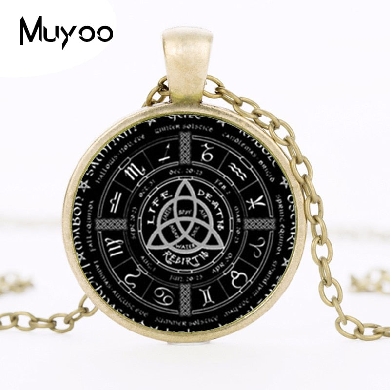 2017 Pagan Wheel Of The Year Necklaces Pentagram Pendant Round Photo Wiccan Jewelry Glass Cabochon Necklace Link Chain HZ1