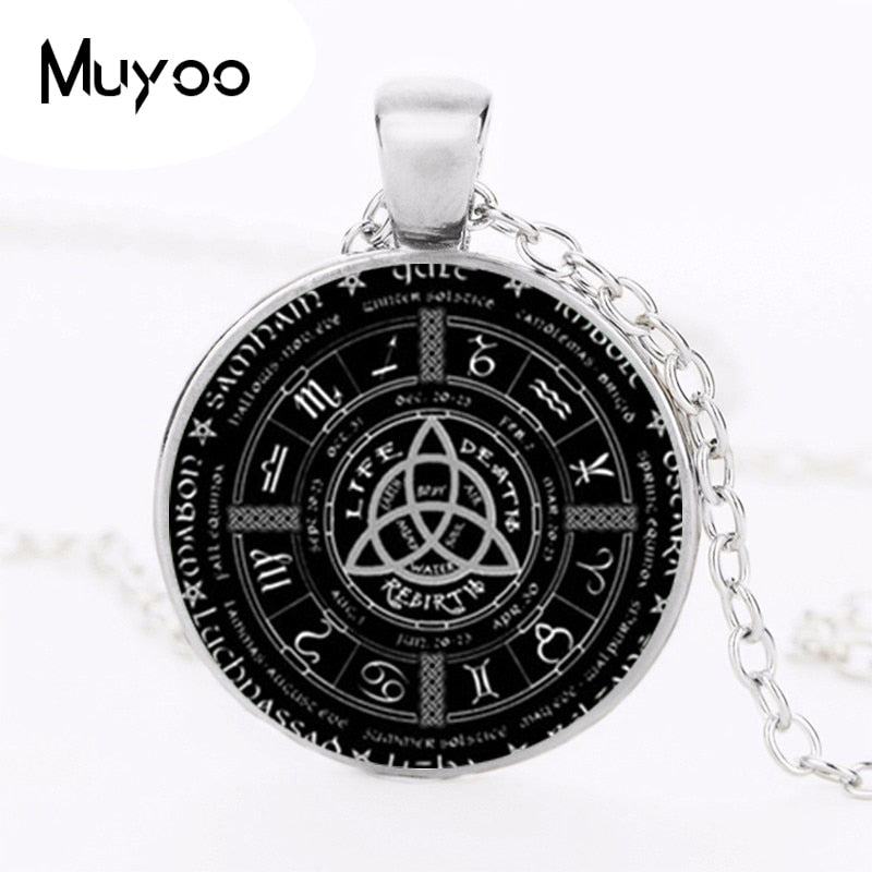 2017 Pagan Wheel Of The Year Necklaces Pentagram Pendant Round Photo Wiccan Jewelry Glass Cabochon Necklace Link Chain HZ1