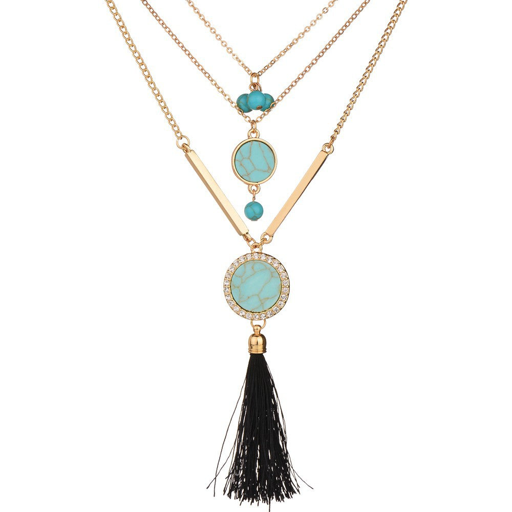 2020 New Tassel Jewelry Women Statement Necklace Boho Alloy Faux Stone Pendant Female Girls Long Turquoises Necklace for Dress
