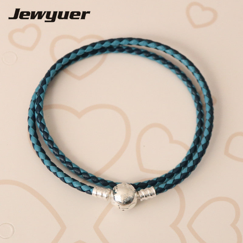2020 New summer double blue Leather bracelets for women with 925 sterling silver round Clasp Fit Charms Beads DIY jewy PL012