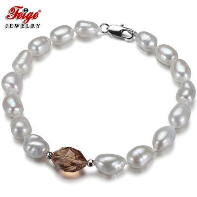 2020 offer Baroque 7-8MM White Pearl Strand Bracelet for Womens Brown Crystal Bracelets Fine Pearls Jewelry