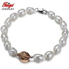 2020 offer Baroque 7-8MM White Pearl Strand Bracelet for Womens Brown Crystal Bracelets Fine Pearls Jewelry