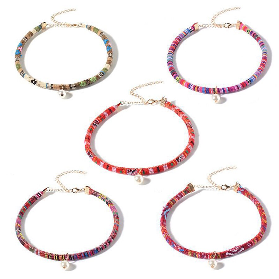 2021 Summer Bohemia Simulated Pearl Necklaces&Pendants Stripe Colorful Cloth Short Collares Women Chokers Jewelry Gifts