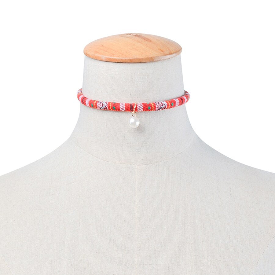2021 Summer Bohemia Simulated Pearl Necklaces&Pendants Stripe Colorful Cloth Short Collares Women Chokers Jewelry Gifts