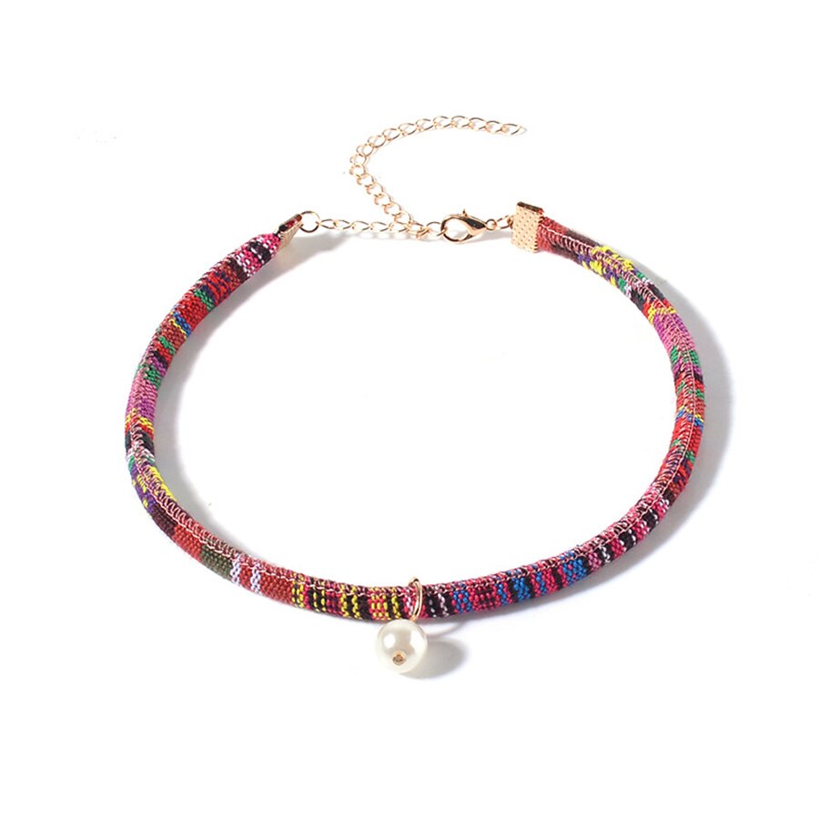 2021 Summer Bohemia Simulated Pearl Necklaces&Pendants Stripe Colorful Cloth Short Collares Women Chokers Jewelry Gifts