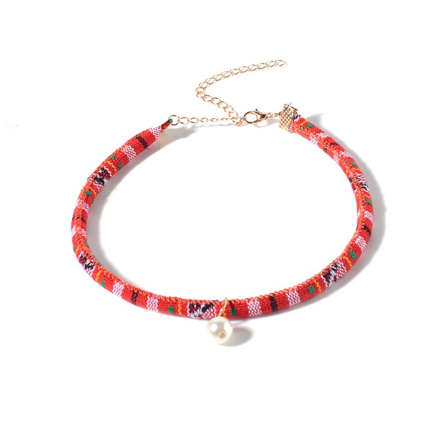 2021 Summer Bohemia Simulated Pearl Necklaces&Pendants Stripe Colorful Cloth Short Collares Women Chokers Jewelry Gifts