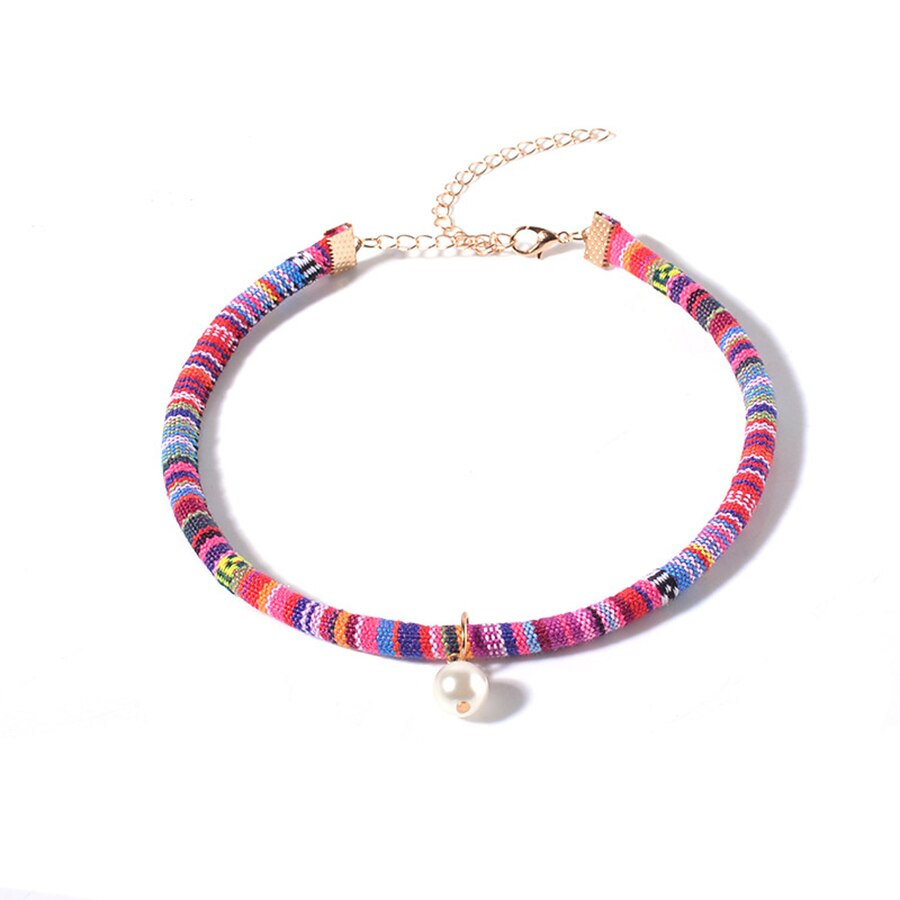 2021 Summer Bohemia Simulated Pearl Necklaces&Pendants Stripe Colorful Cloth Short Collares Women Chokers Jewelry Gifts