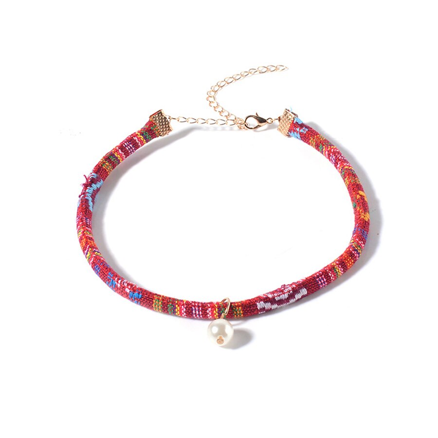 2021 Summer Bohemia Simulated Pearl Necklaces&Pendants Stripe Colorful Cloth Short Collares Women Chokers Jewelry Gifts