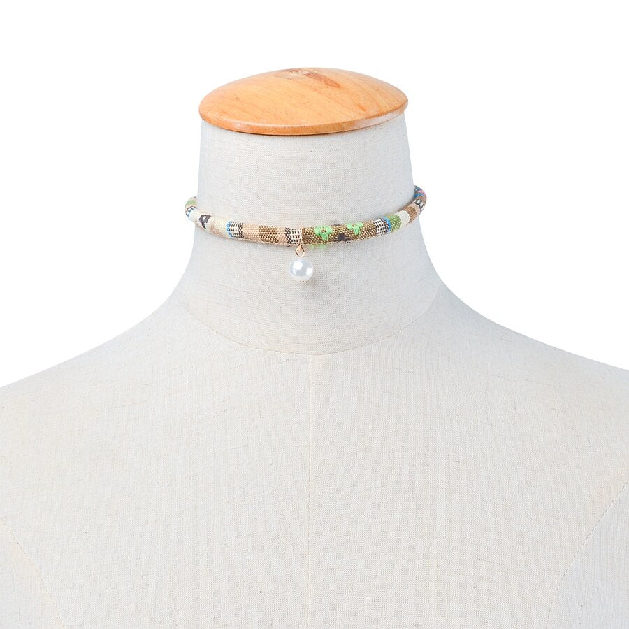 2021 Summer Bohemia Simulated Pearl Necklaces&Pendants Stripe Colorful Cloth Short Collares Women Chokers Jewelry Gifts