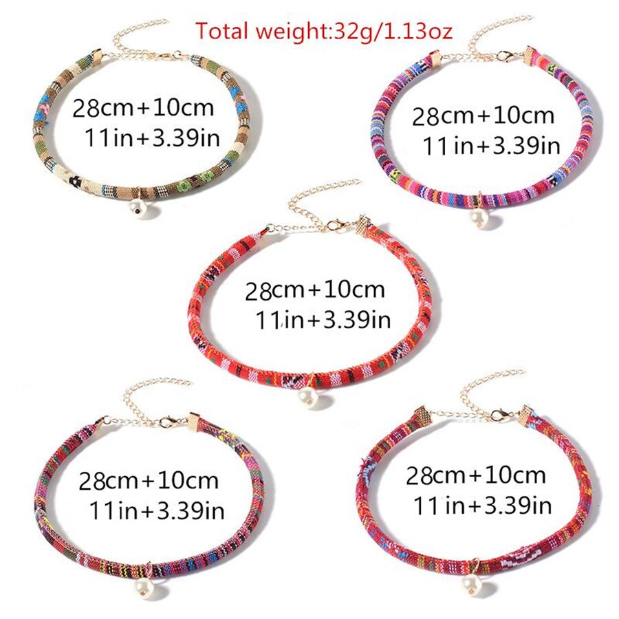 2021 Summer Bohemia Simulated Pearl Necklaces&Pendants Stripe Colorful Cloth Short Collares Women Chokers Jewelry Gifts