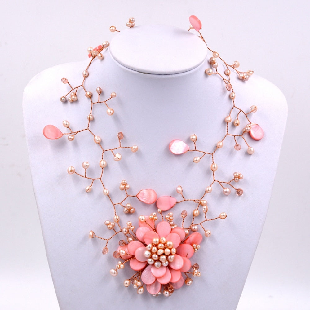 2021 Trendy Peach pink shell and pink freshwater pearl woven flower necklace  For Women Jewelry Party Gift