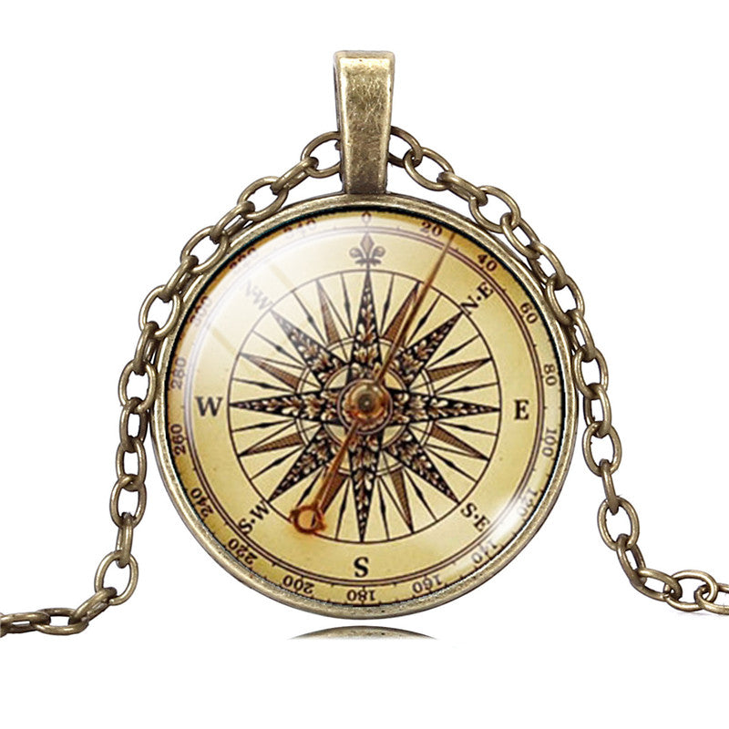 2020 Vintage Jewelry Sliver / Bronze Color Compass Glass Cabochon Necklace Pendant for Christmas Gift