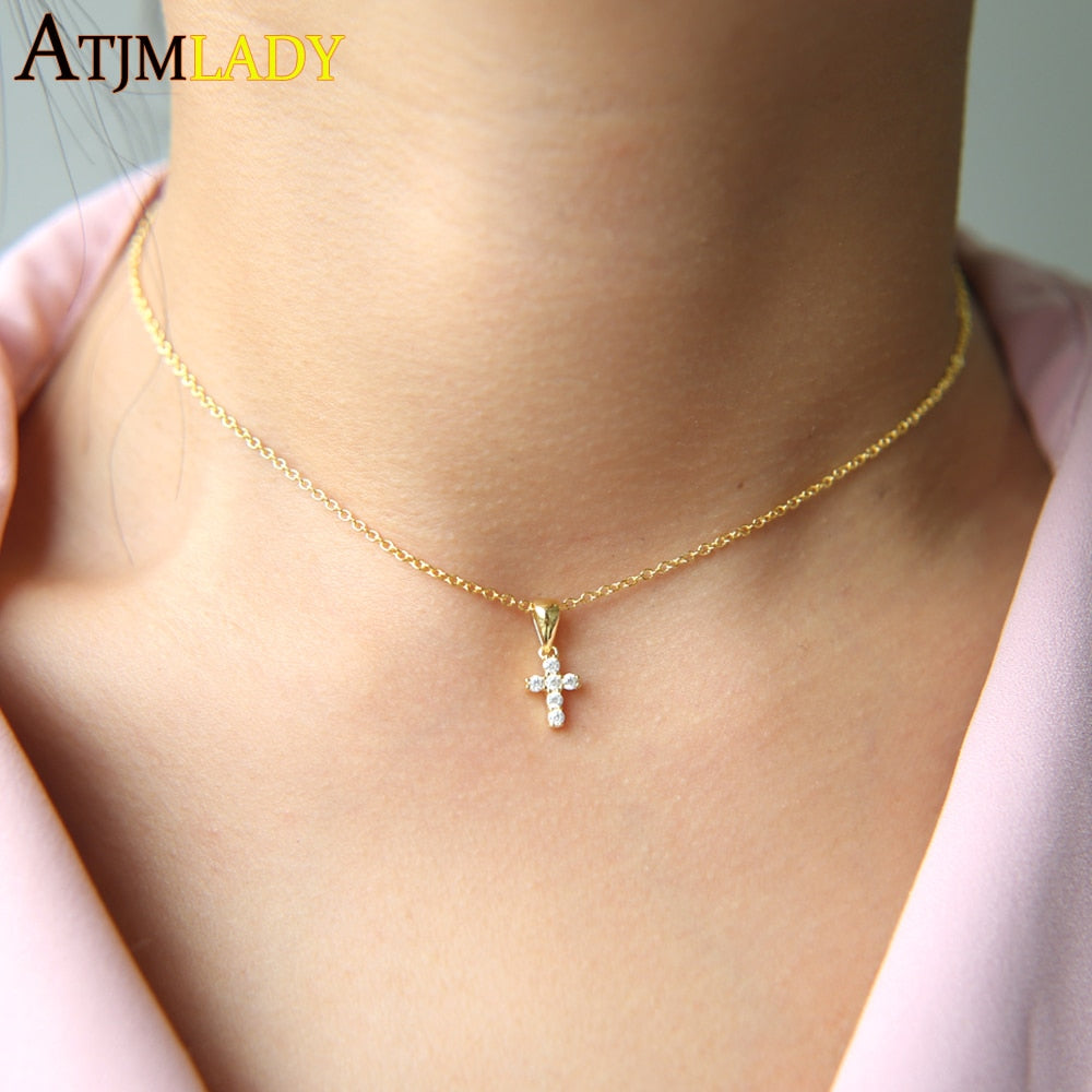 2020 high quality gold filled 925 sterling silver pave AAA c tiny cute cross pendant chocker necklace