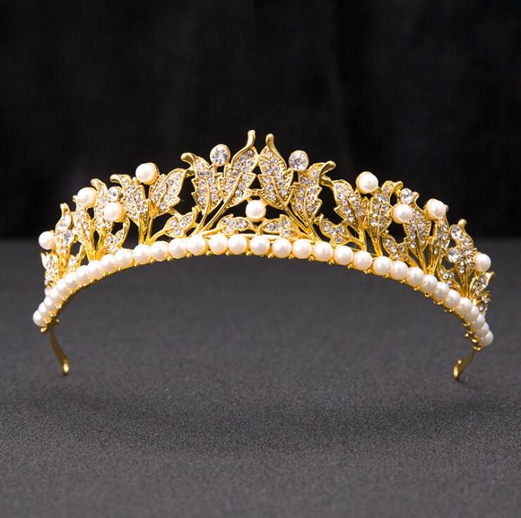 Pearl leaf baroque queen crown bridal tiara girls headband wedding bride crystal crowns hair accessories jewelry diadem
