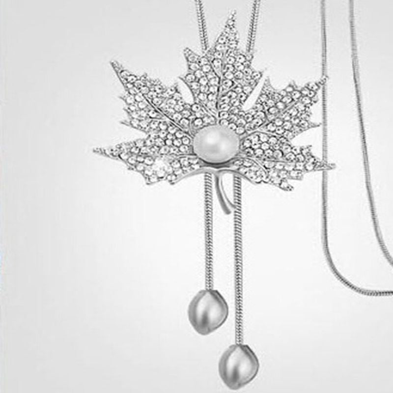 2020 Lovely Maple Leaf Long Beaded Chain Tassel PendantNecklace Women Office Lady Imitation Pearl Jewelry Bijoux Gifts