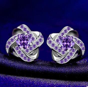 2020 100% Real 925 Sterling Silver Purple Cubic Zirconia Stud Earrings Luxurious Jewelry Gifts For Ladies Women