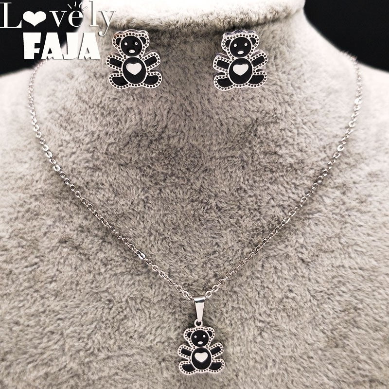 2020 Bear Stainless Steel Enamel Jewelry Sets Women Black Necklace Earring Set Jewelry acero inoxidable joyeria conjuntos 178561