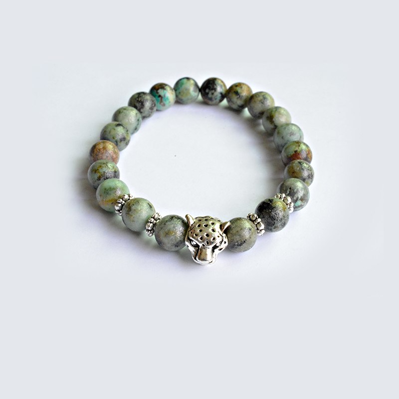 2020 Brand Trendy Silver Plated Leopard Head Charm Bracelets Men Natural Stone Stone Beads For Men Me Jewelry pulsera hombres