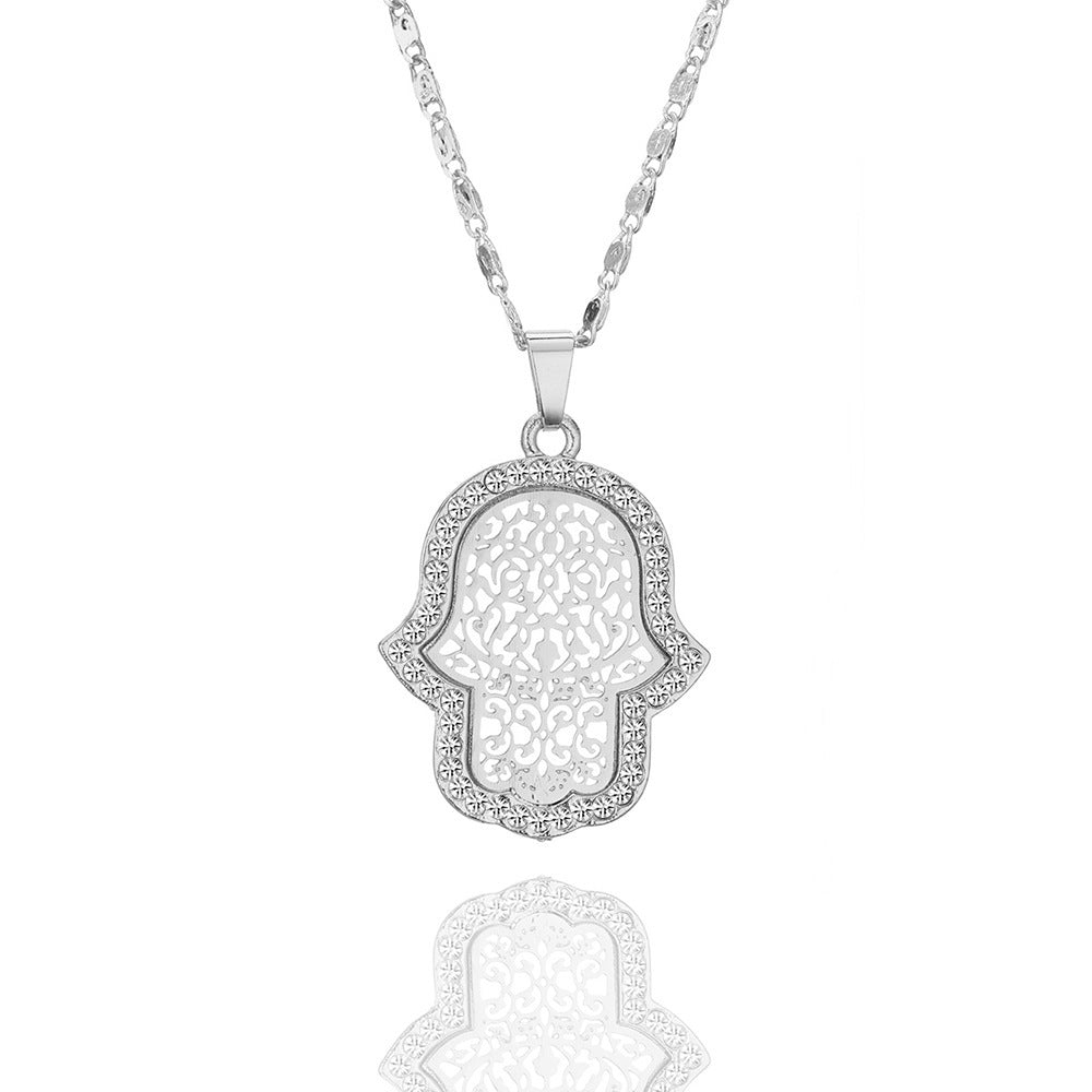 2020 Crystal Hamsa Necklace For Women KC Golden Plated Fatima Hand Hollow Pendant Necklaces Metal Chain Jewelry Drop Shipping