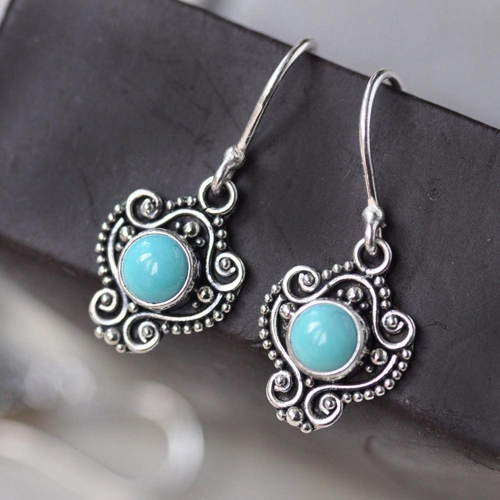 2020 Ethnic Real 925 Sterling Silver Drop Earrings For Women Girl Original Handmade Natural Turquoise Lace Earrings Fine Jewelry