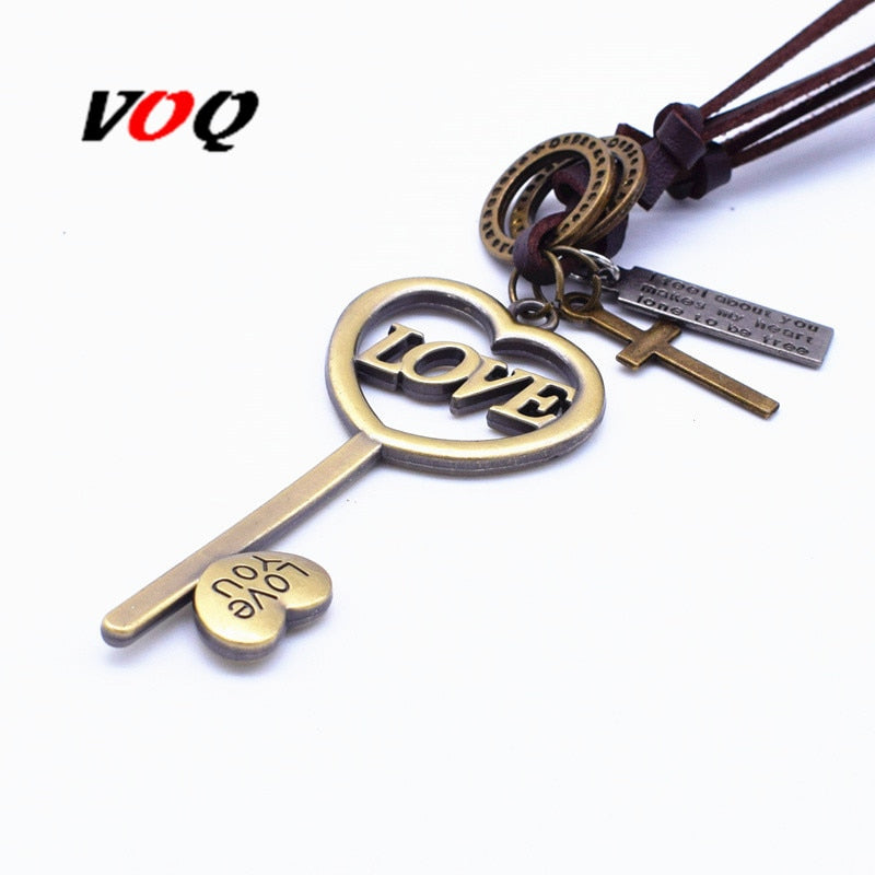 2021 Adjustable Length Leather Choker Open The Heart of The Girl Soul Love Key Charm Pendant Necklace Romantic Jewelry