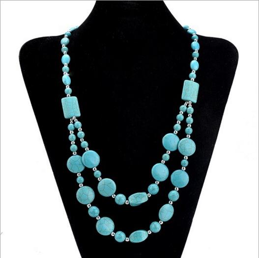2020 Fashion Bohemian Vintage Synthetic Turquoises stone Long Necklaces for Women Pearls Necklaces