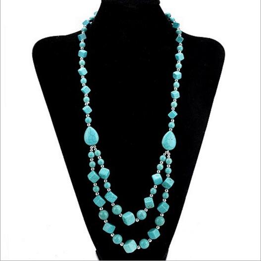 2020 Fashion Bohemian Vintage Synthetic Turquoises stone Long Necklaces for Women Pearls Necklaces