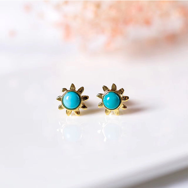 2020 Fashion Natural Turquoise Sun Flower Earrings For Women 925 Sterling Silver Gold Color Earrings