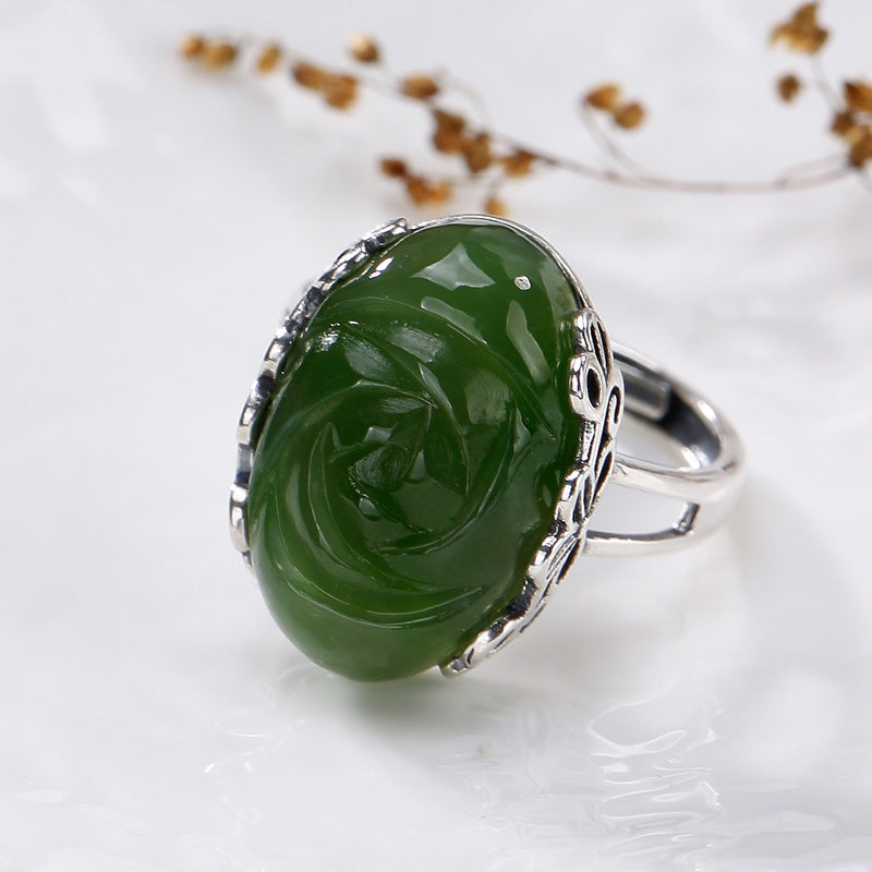 2020 Fashion Silver S925 Pure Silver Retro Natural Hetian Jade Jasper Mosaic Lady High-end Open Ring Ring Wholesale