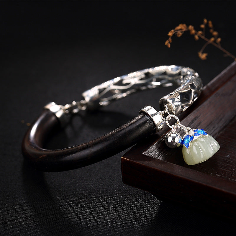 2020 Fashion Silver S925 Sterling Silver Antique Matte Carp Lotus And Tadama Keitaeai Lotus Black Sandalwood Lady Bracelet