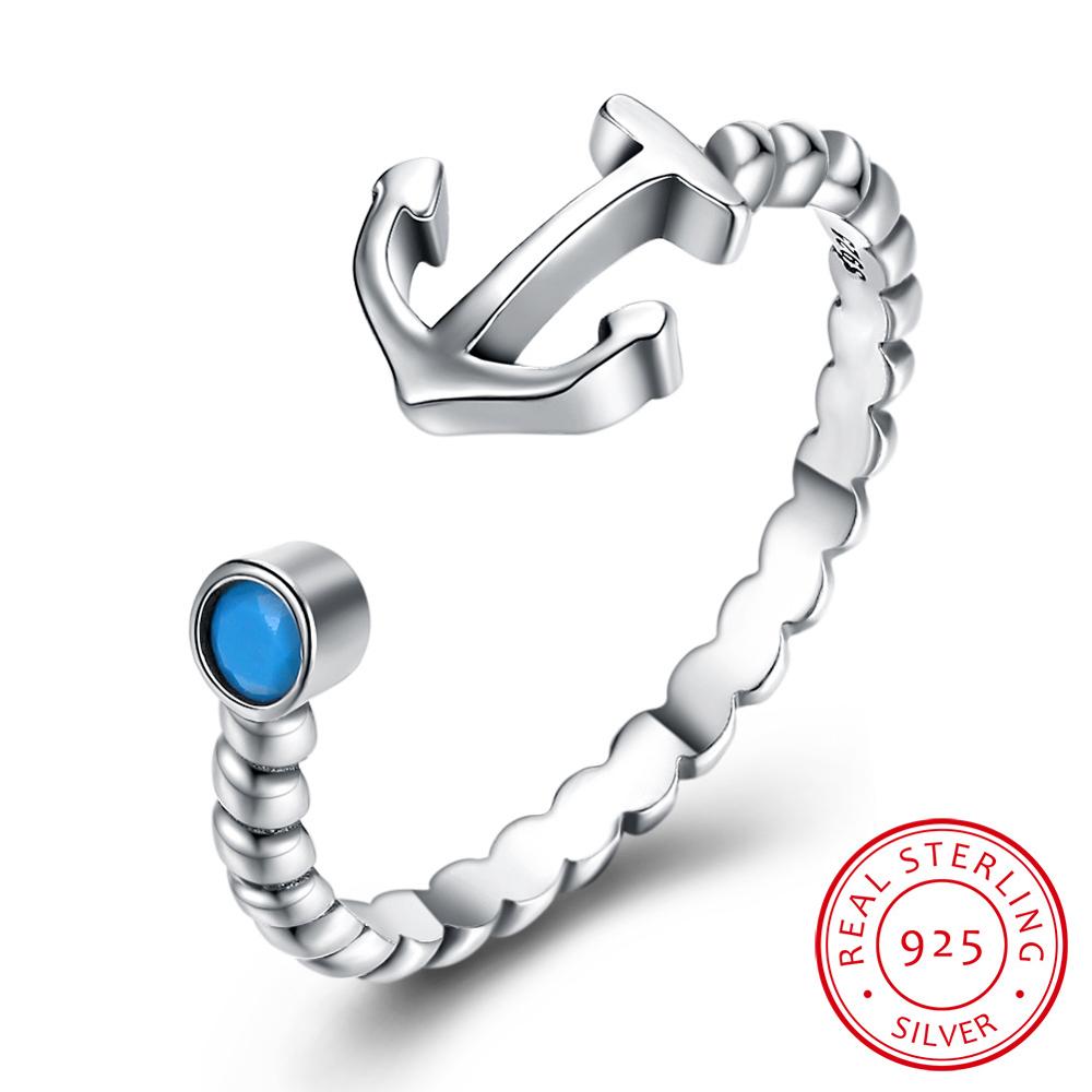 2020 Fashion jewelry Crystal from Swarovski S925 Sterling Silver Ring Retro Style Simple Turquoise Anchor Opening Ring For women