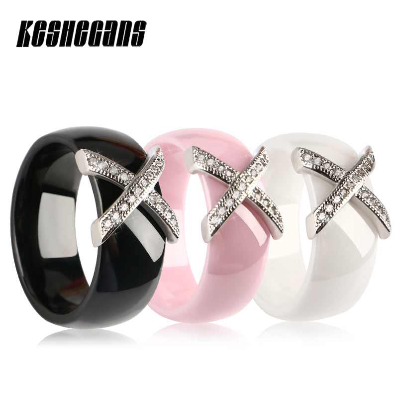 2020 Hot 8MM Steel Letter X Crystal Ceramic Rings Fashion Smooth Simple Wedding Couples Rings Pink White Black Women Men Jewelry